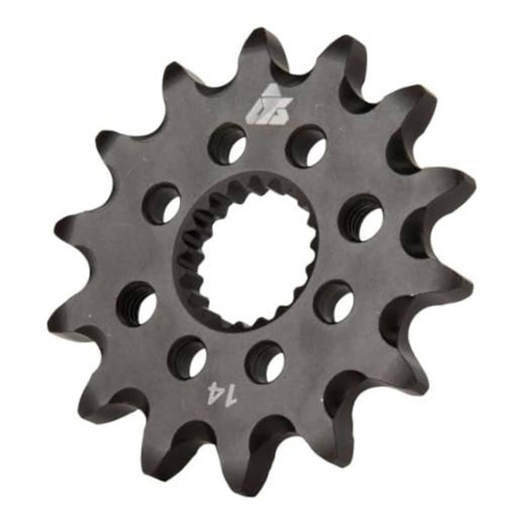 Hardened steel motorcycle front sprocket with 14 teeth and circular mounting holes