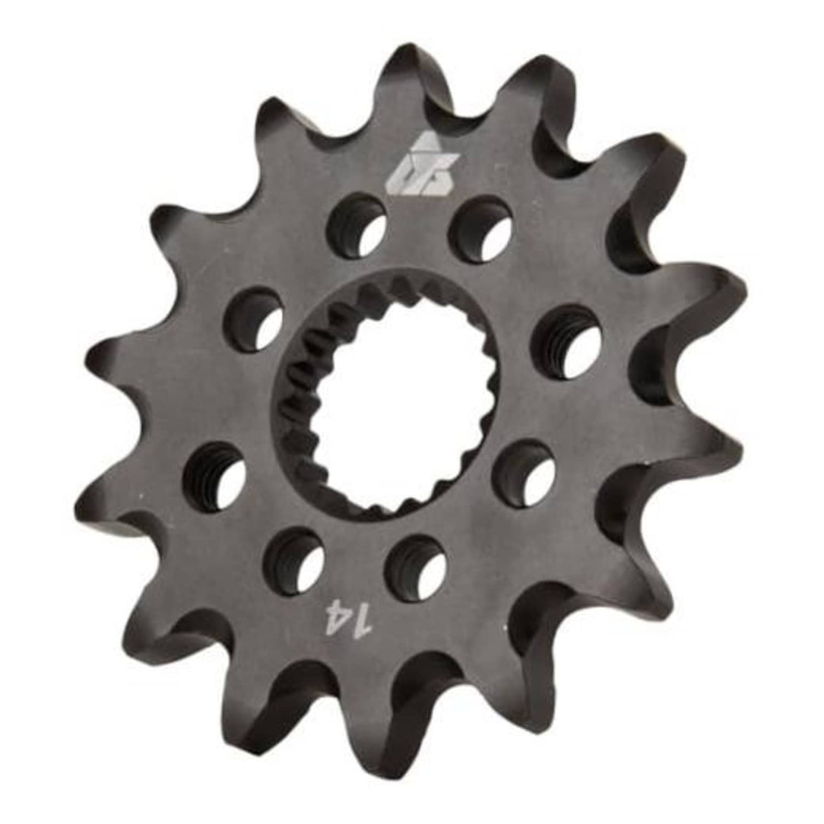 Hardened steel motorcycle front sprocket with 14 teeth and circular mounting holes