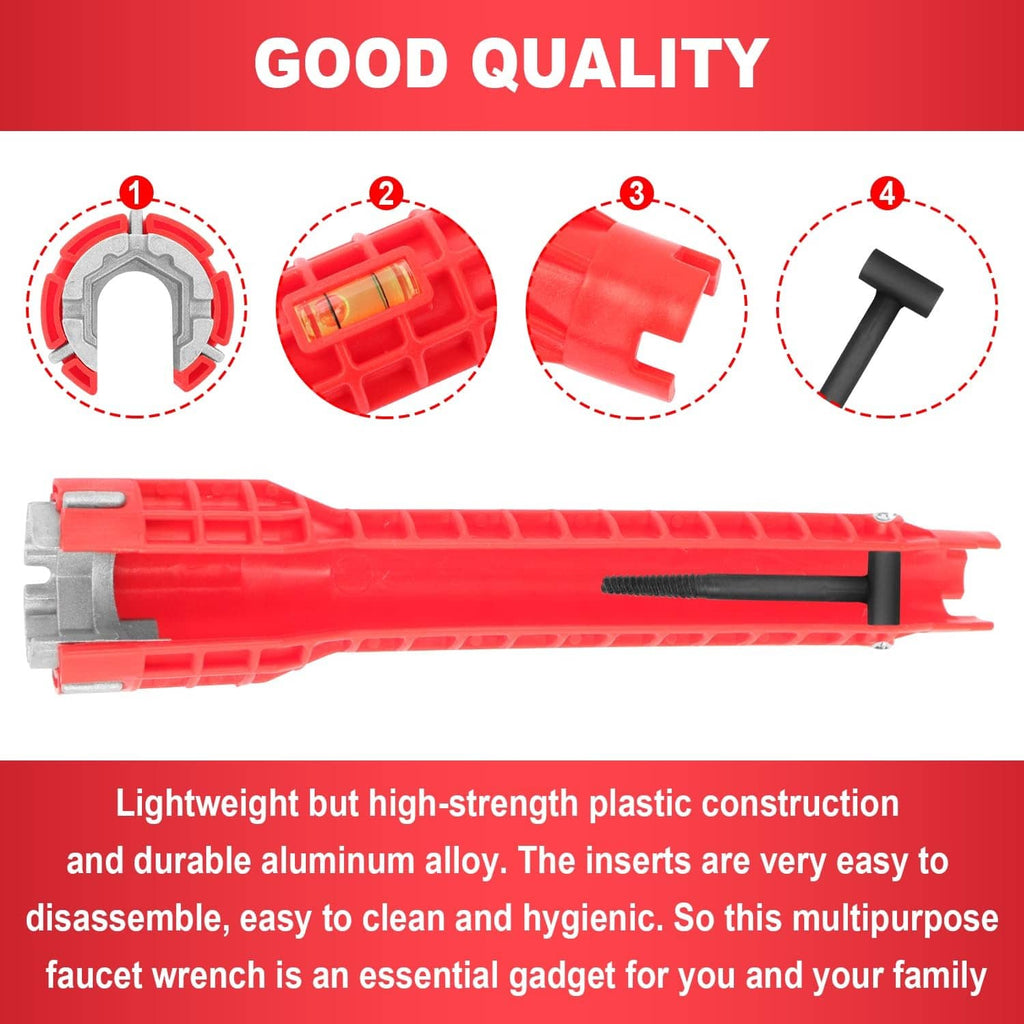Red faucet wrench with lightweight plastic body and durable metal alloy components