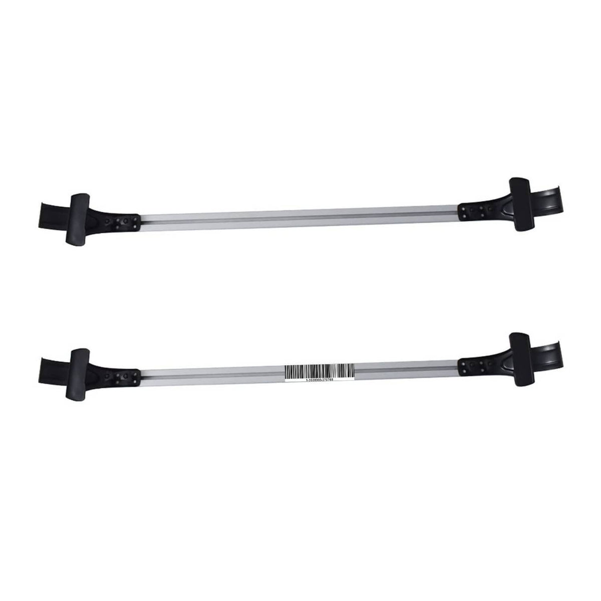 Car roof cross bars with black end clamps on silver rails, side view.