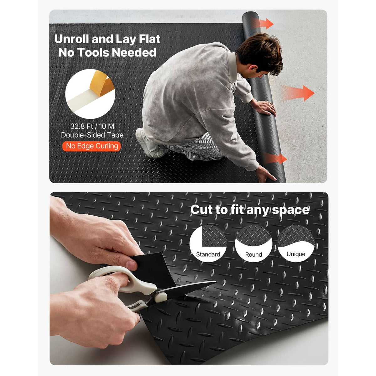 Black PVC garage floor mat unrolled flat; hands preparing it for cut-to-fit
