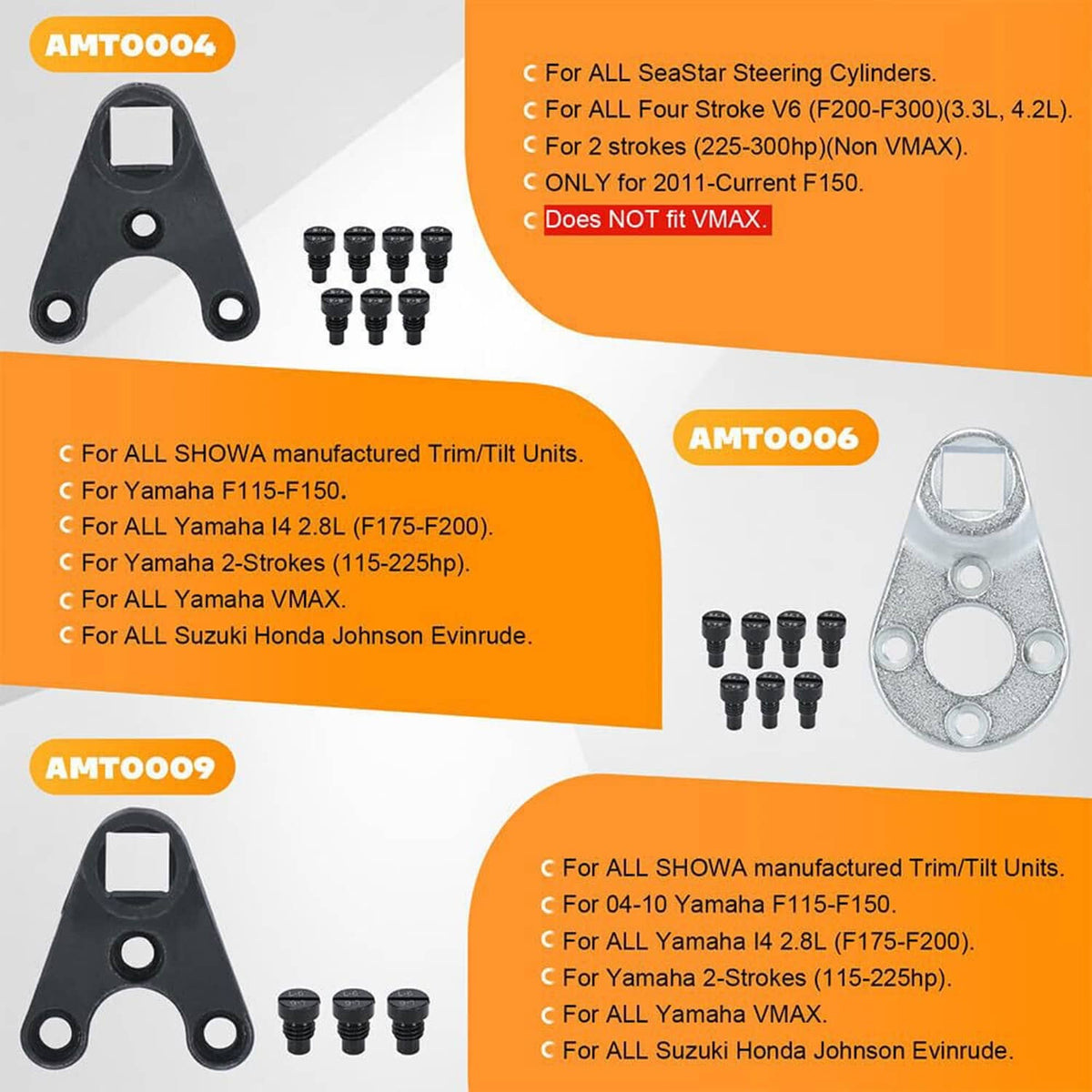 Trim tilt pin wrench set with black wrenches and pin bolts shown on compatibility panel