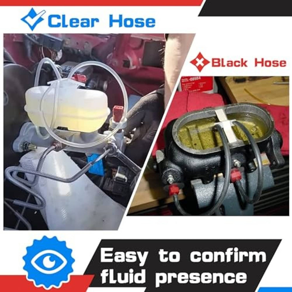 Master cylinder bleeder kit with clear hose and black hose routing for fluid bleeding