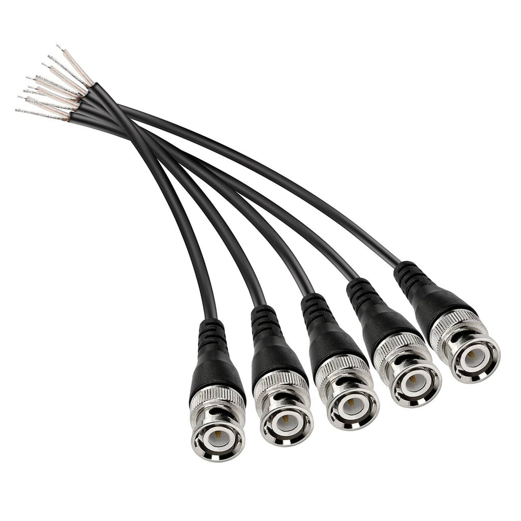 Black BNC male coaxial cable with exposed tail-wire ends and multiple pigtails