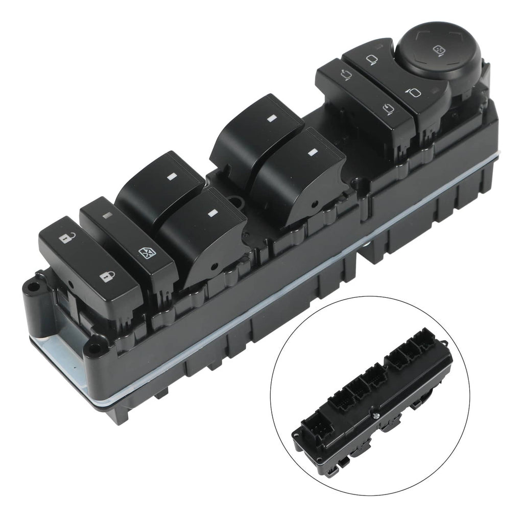Left driver door window switch panel with multiple window buttons and mirror control knob