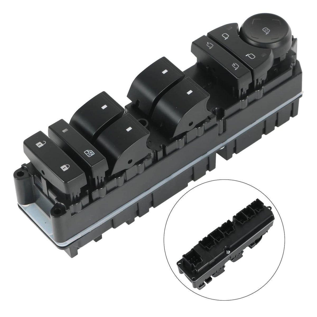 Left driver door window switch panel with multiple window buttons and mirror control knob
