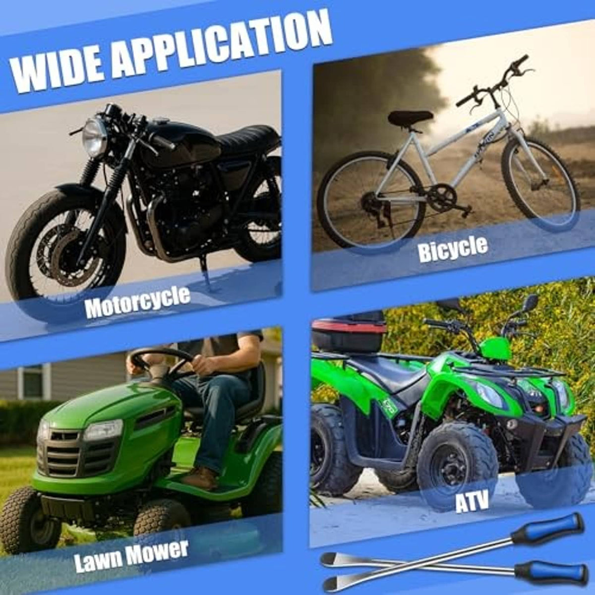 Tire spoon tool kit for vehicle tire removal, shown with motorcycle, bicycle, lawn mower, and ATV