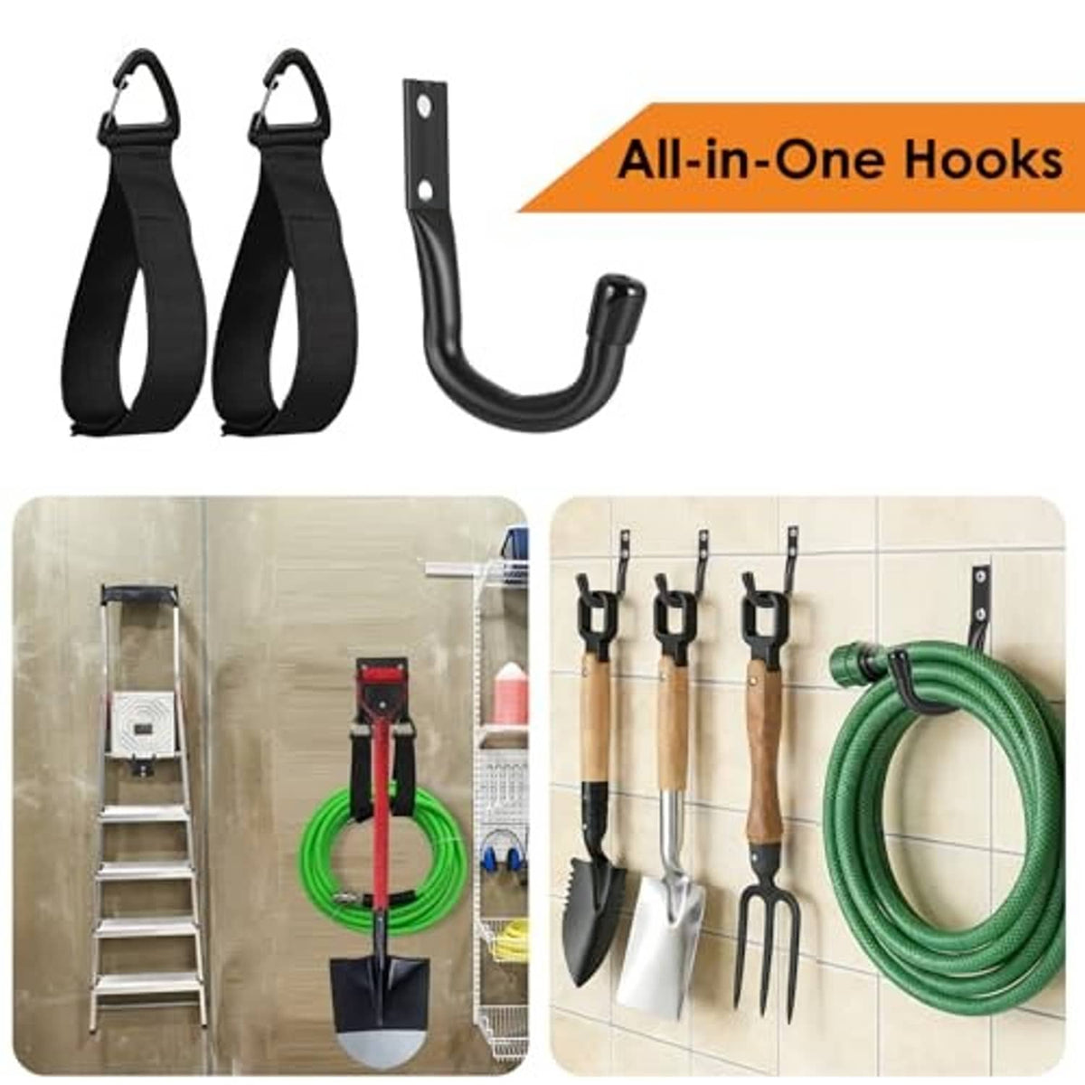 Black U-shaped garage hook with two curved arms and matching wall-mount plates, 4-pack