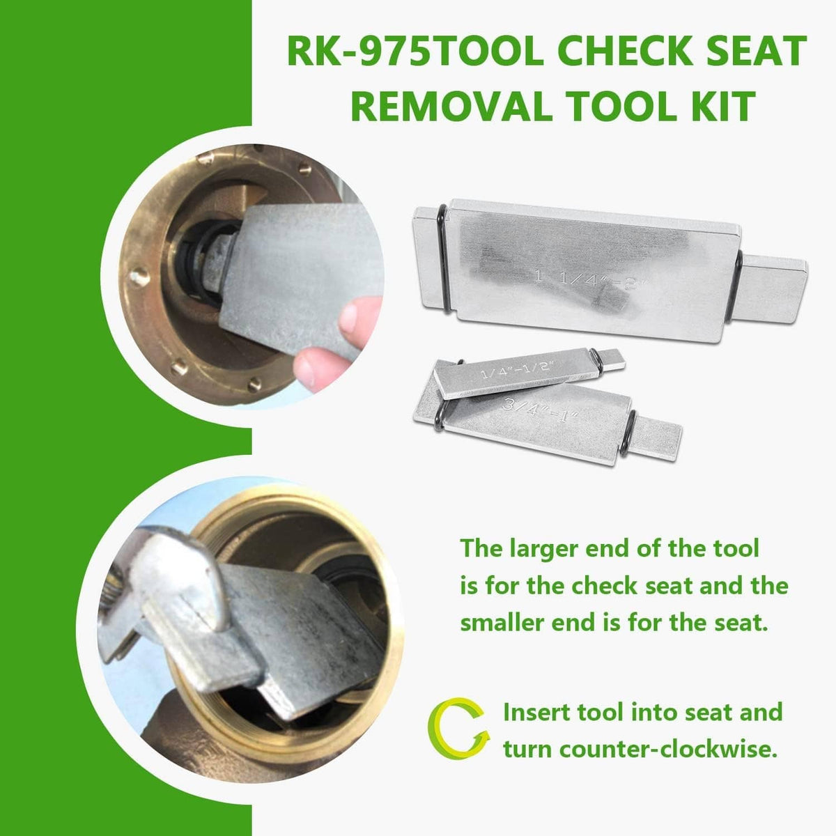 Check seat removal tool kit with small and large stamped metal insert tools