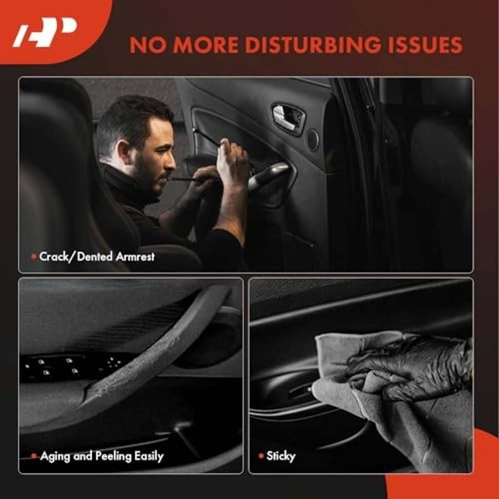 Beige door armrest surface shown with hand, front passenger door