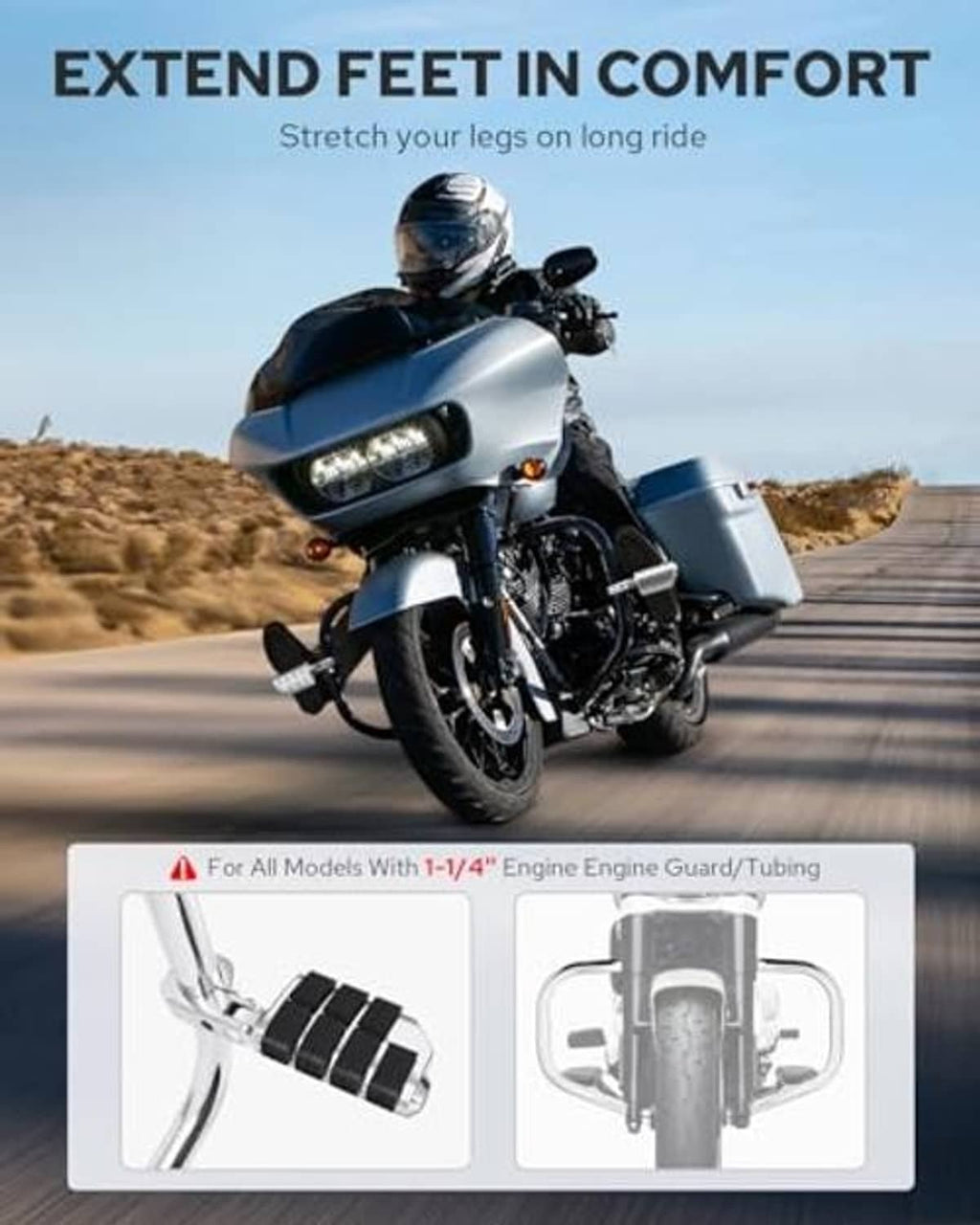 Chrome A3 steel motorcycle foot pegs with black rubber grips mounted on the bike