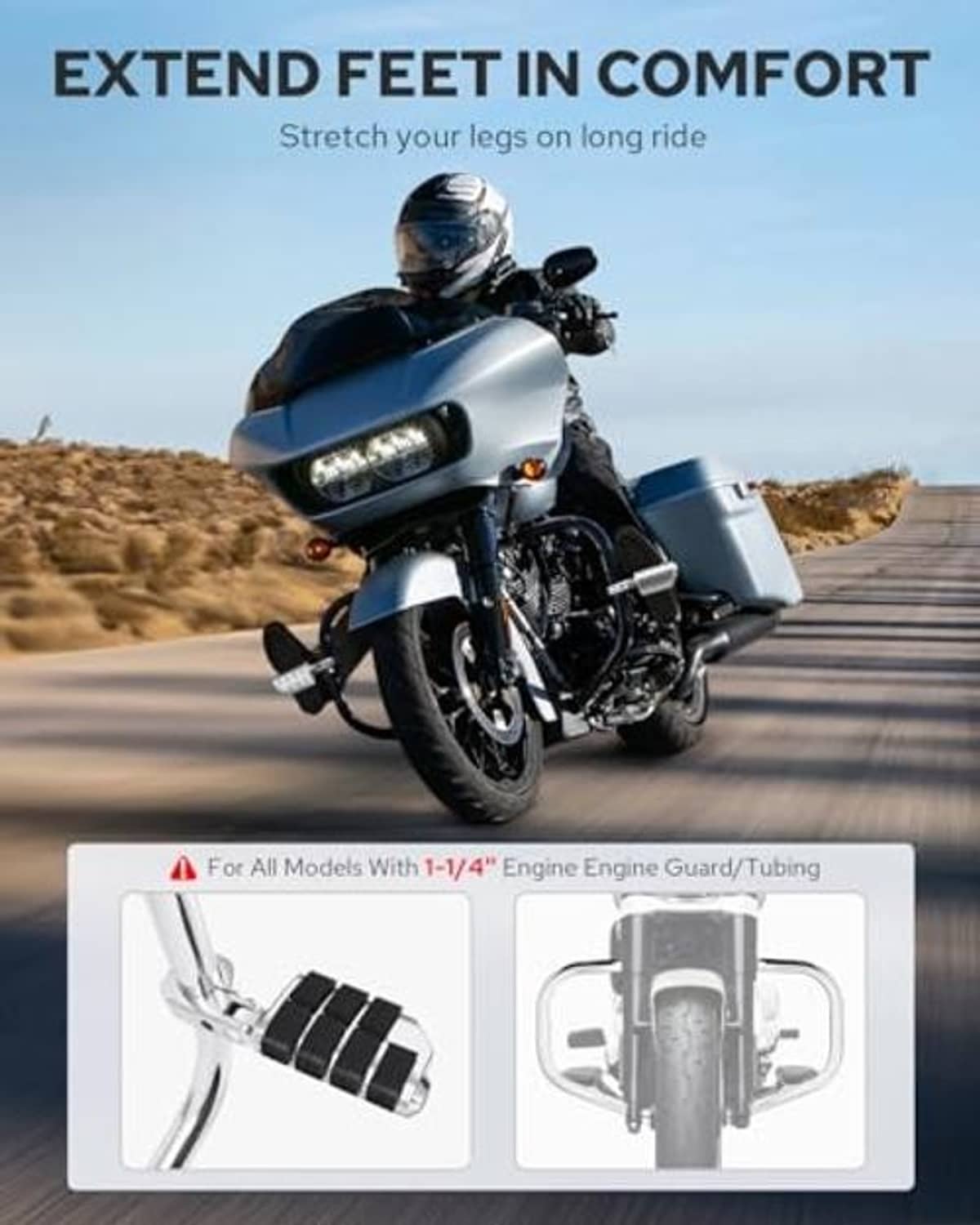 Chrome A3 steel motorcycle foot pegs with black rubber grips mounted on the bike