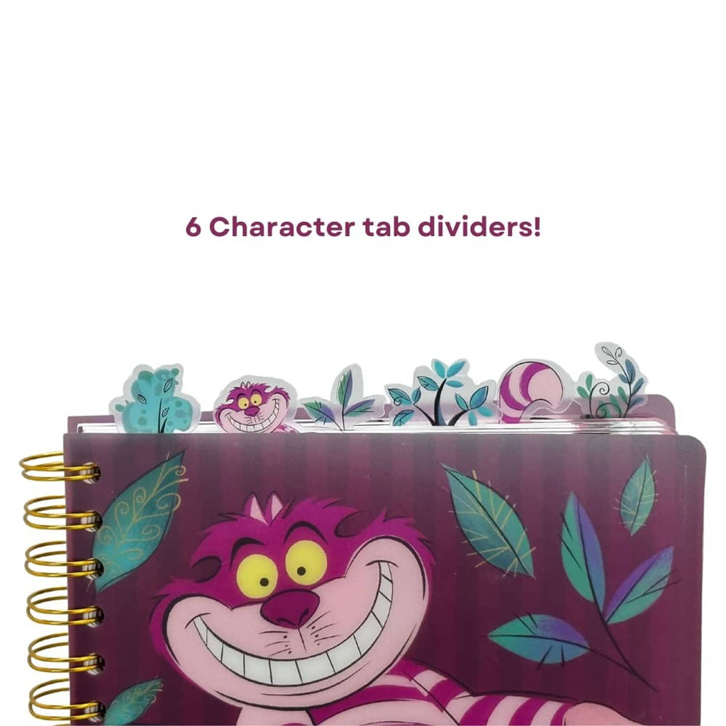 Spiral bound lined notebook with character tab dividers and Cheshire Cat cover