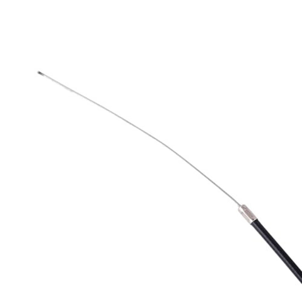 Black throttle cable end with small metal ferrule and cable wire strand