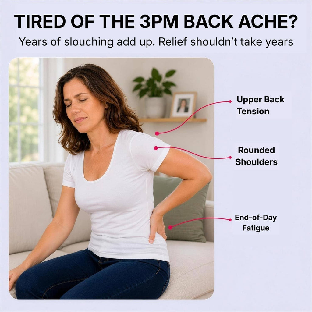 Black back posture brace worn over a white shirt for improved upper back alignment