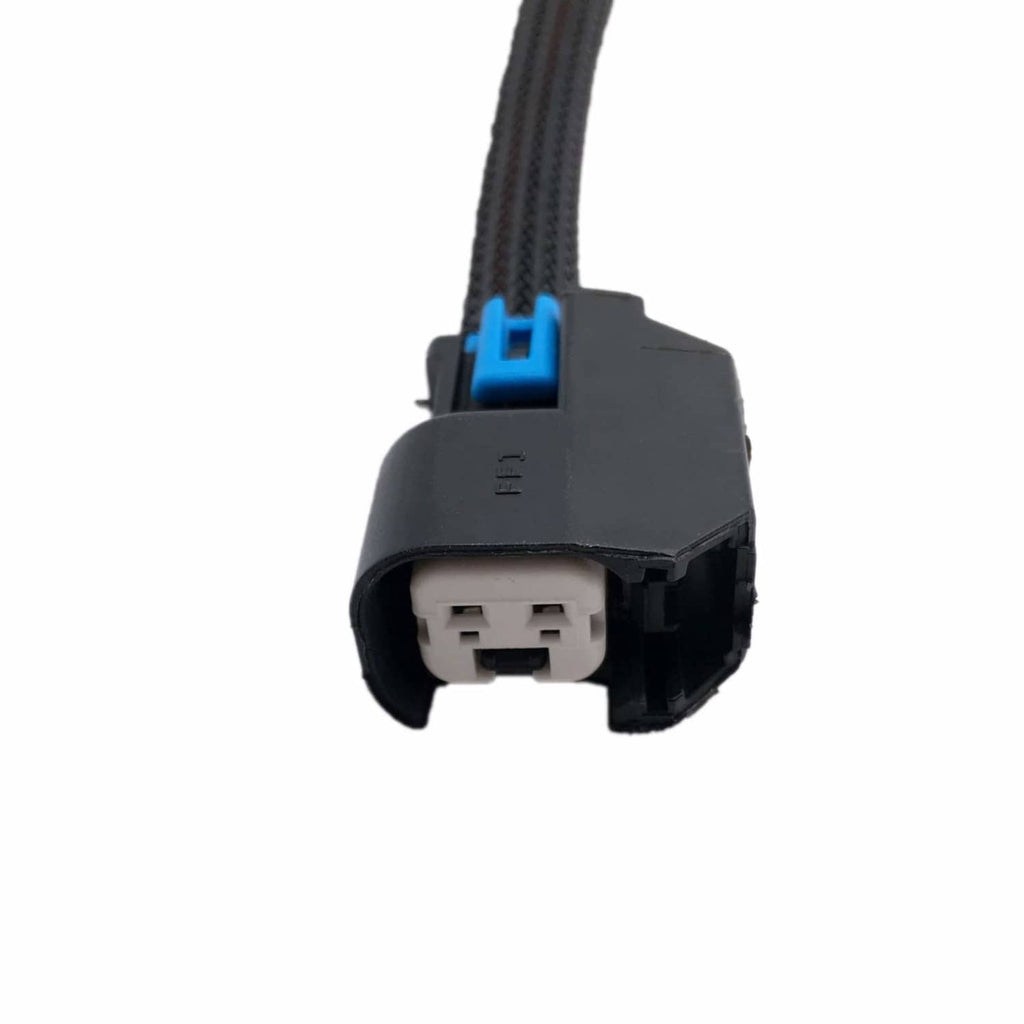 Single fuel injector harness adapter pigtail with black housing and blue latch on braided wire