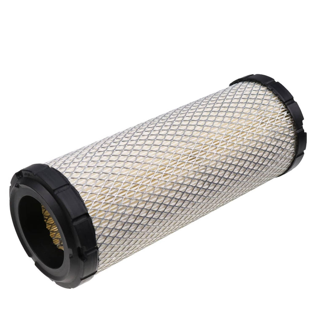 Cylindrical air filter cartridge with white pleated mesh and black end caps