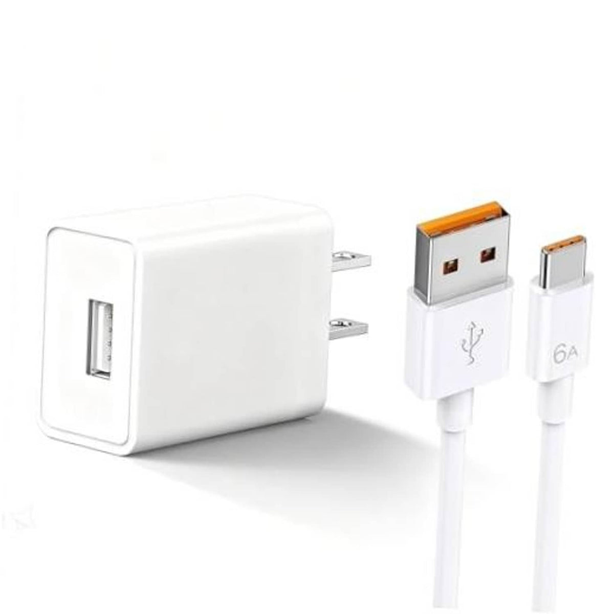 White USB-C wall charger with two-prong plug and USB-C cable tips