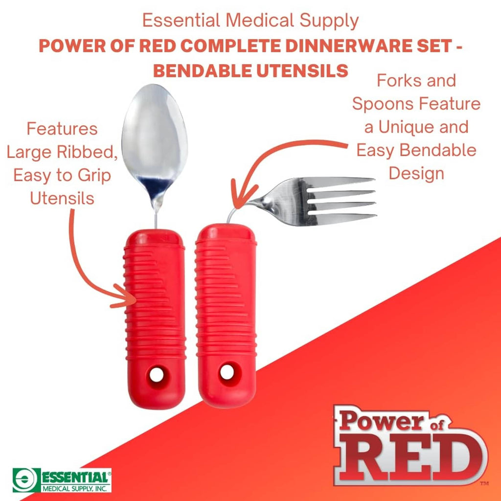 Red-handled bendable fork and spoon with smooth metal heads