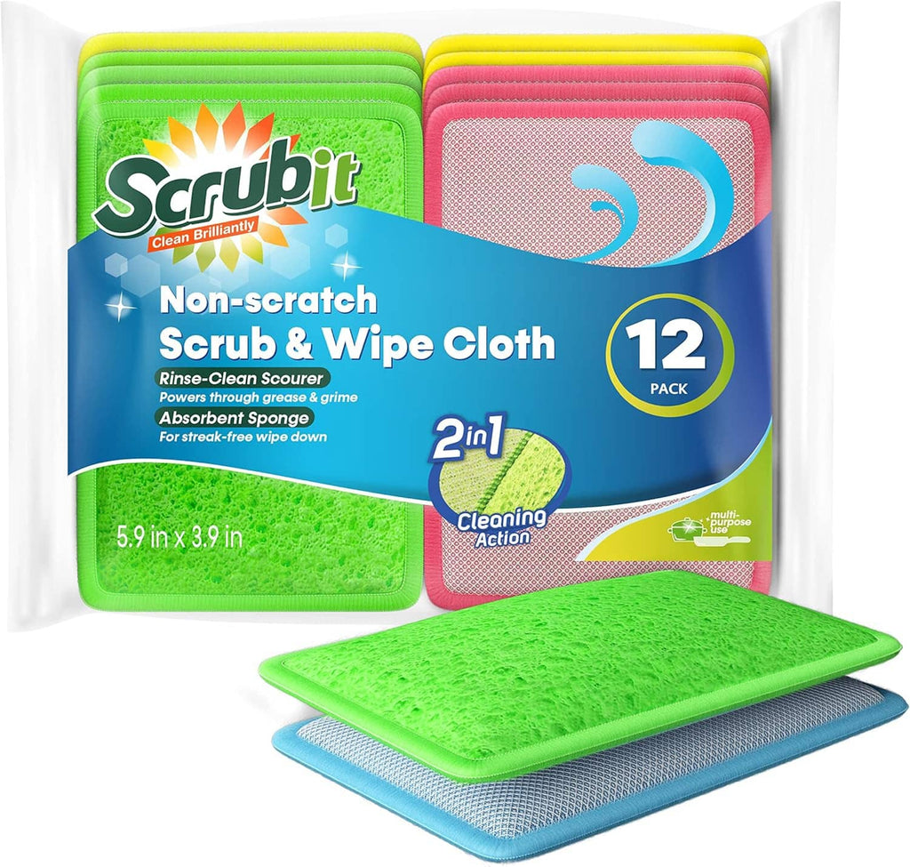 12-pack non-scratch scrub and wipe cloth pads in green with blue-backed sponge