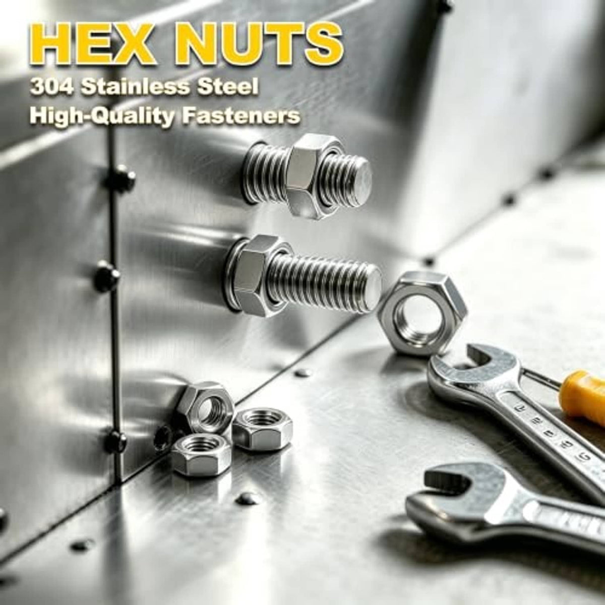 304 stainless steel hex nuts on metal surface, shiny silver hex fasteners