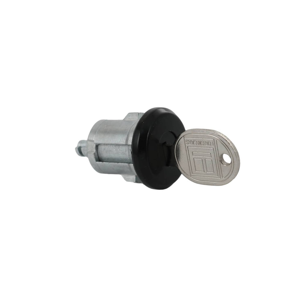 Black door lock cylinder with key, silver housing and black mounting collar