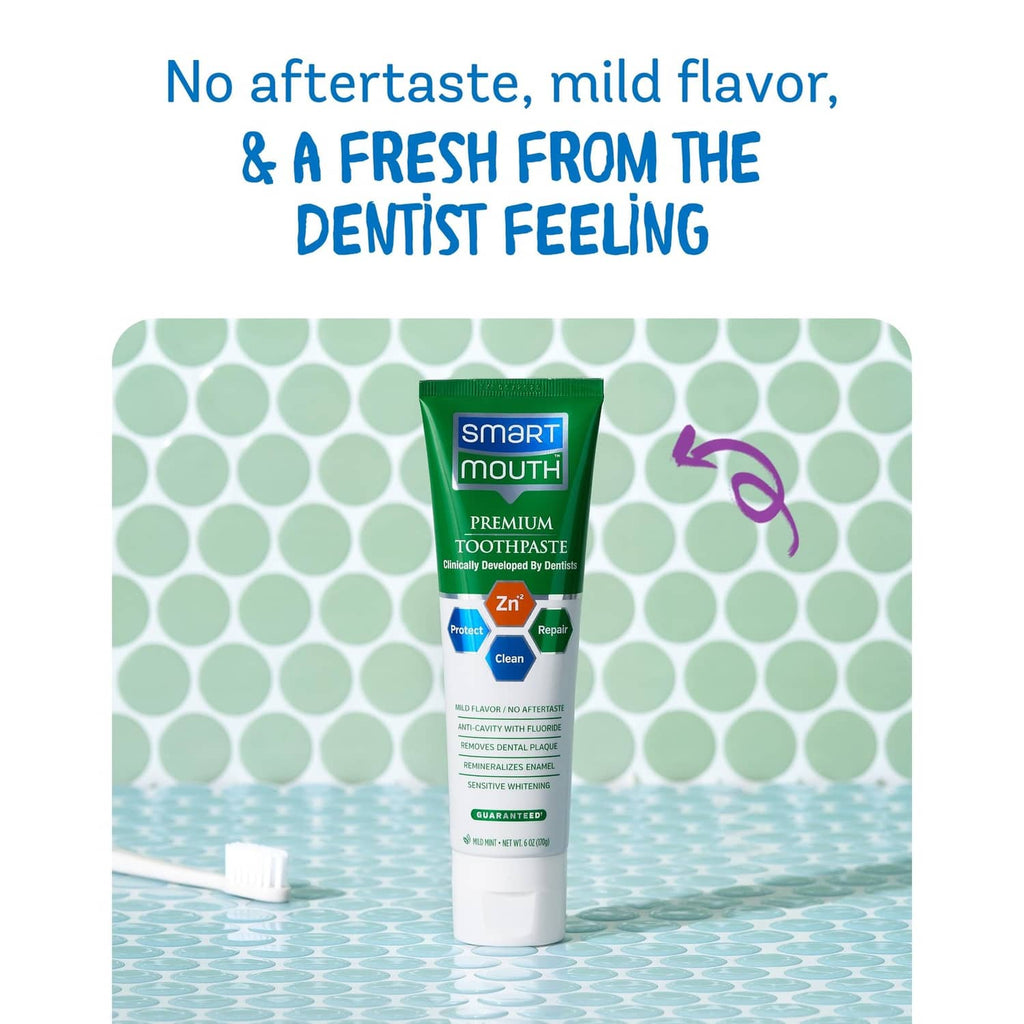 Premium toothpaste tube, green cap and clean mint flavor, zinc ion icon visible