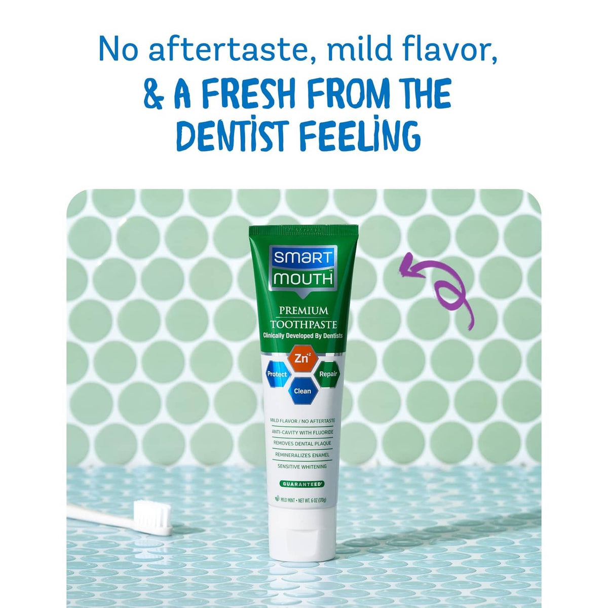 Premium toothpaste tube, green cap and clean mint flavor, zinc ion icon visible