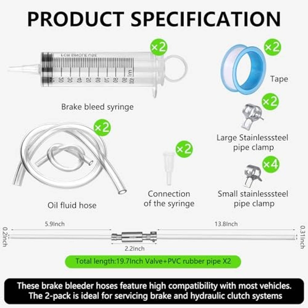 Brake bleeder kit parts diagram: syringe, hoses, connection fittings, and pipe clamps.