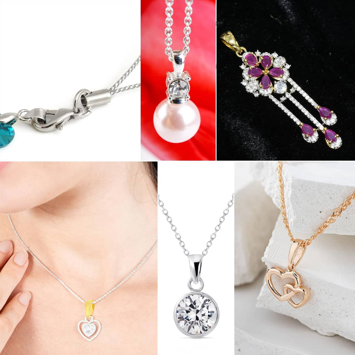 Metal snap bail hook pinch charms shown on necklace chains, multiple styles