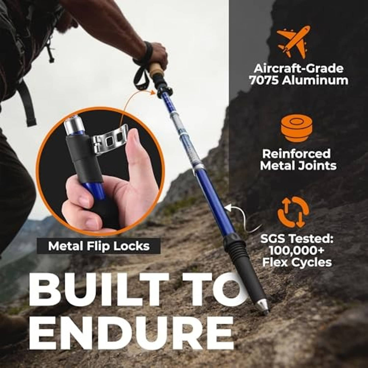 Blue hiking pole with metal flip locks and reinforced metal joints callouts