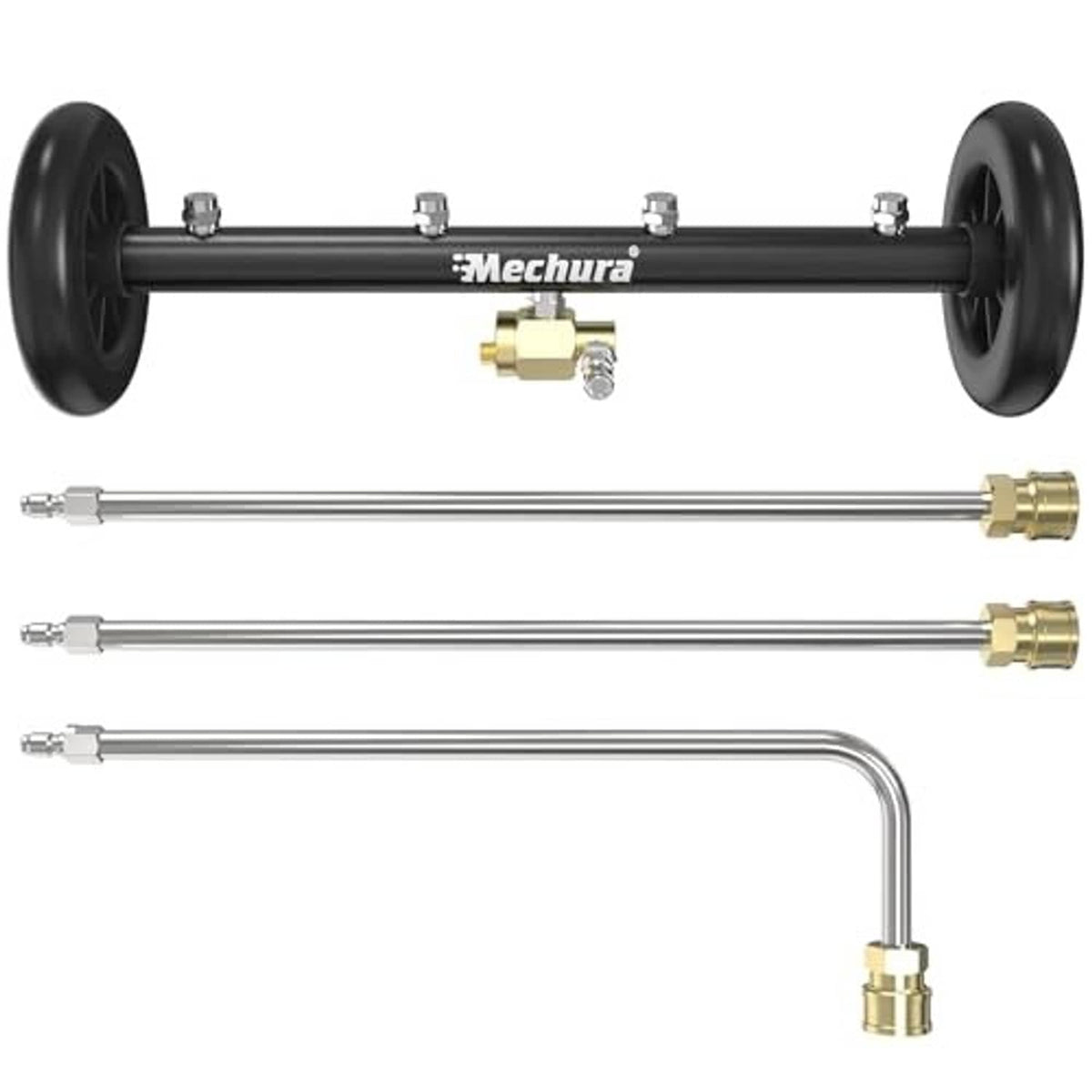 Undercarriage pressure washer attachment set with 16 in cleaner bar and extension wands