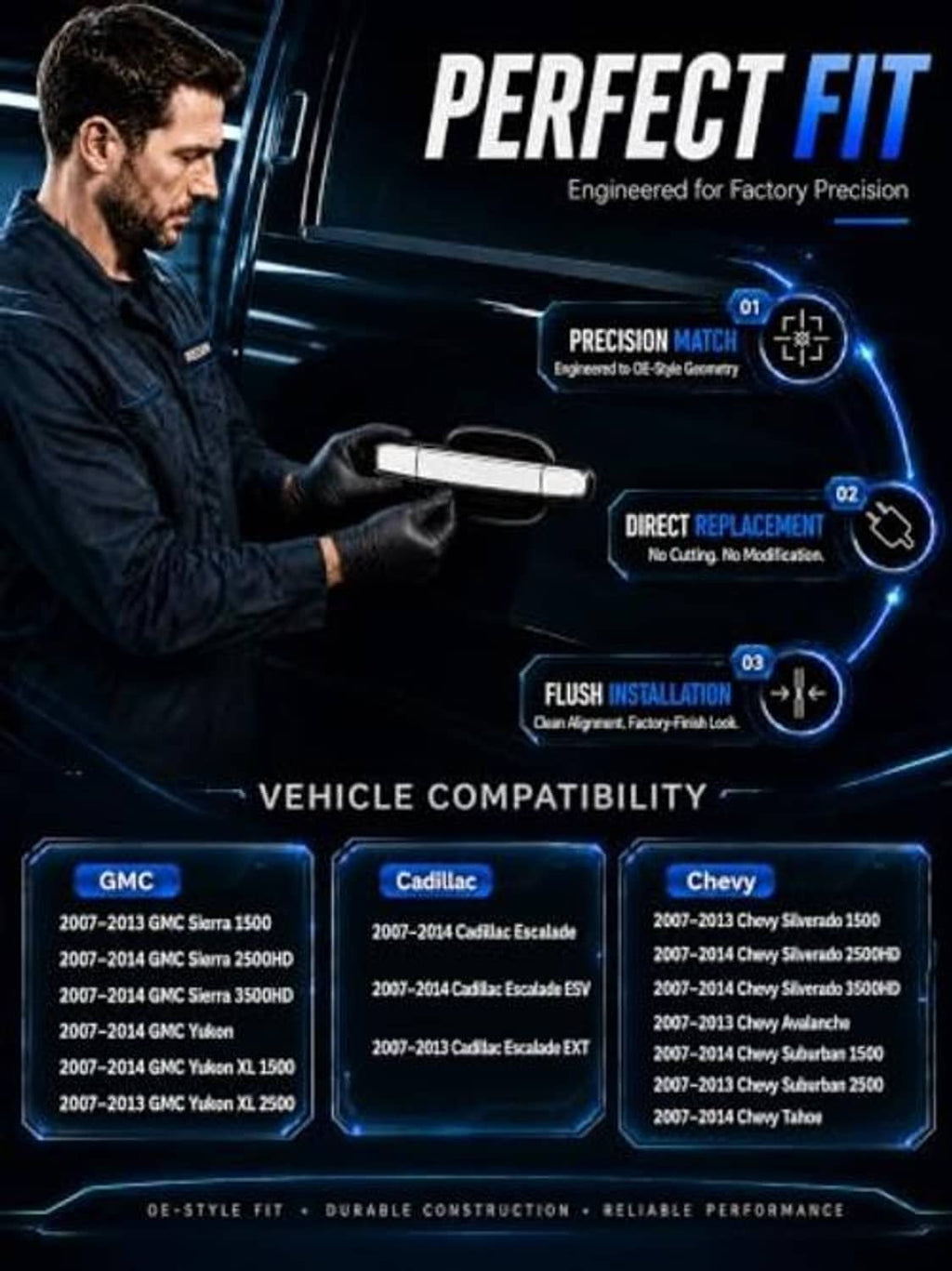 Chrome door handle being installed on a vehicle door with a hand shown