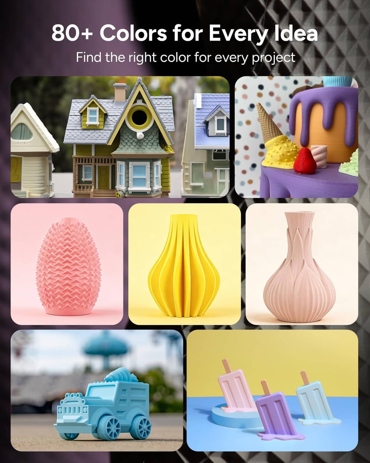 Set of matte 3D-printed vases in varied colors and translucent effects