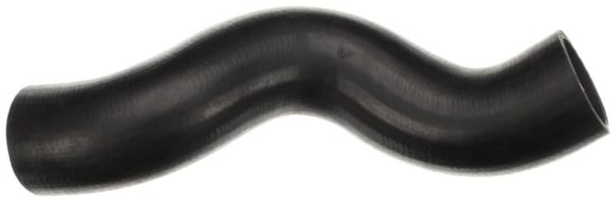 Black molded coolant hose with two bends, ribbed surface, angled connection end