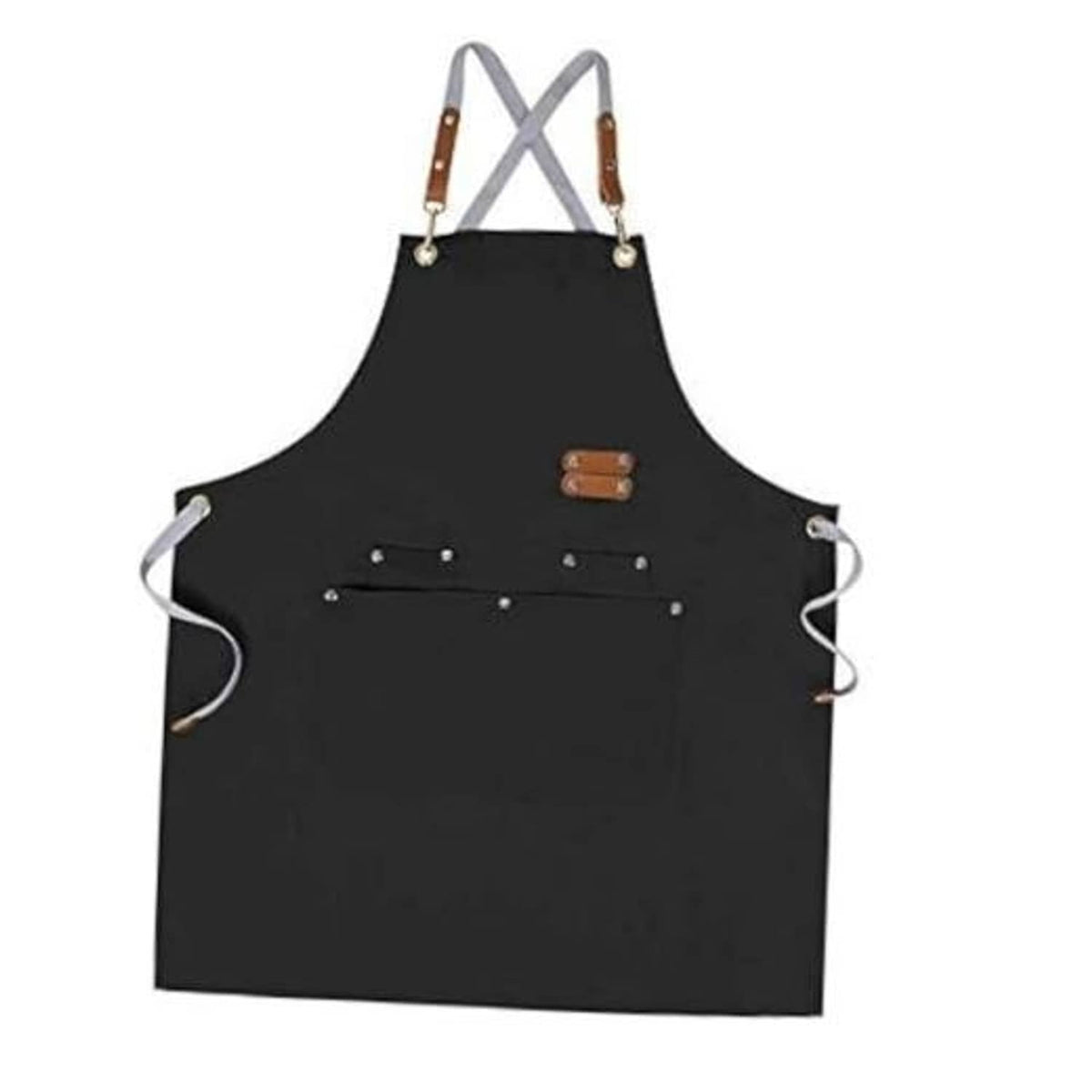 Black chef apron with cross-back straps, front pocket, and metal snap details