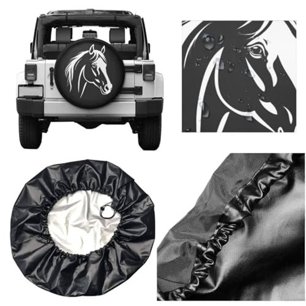 Round black spare tire cover with white horse logo shown on vehicle rear