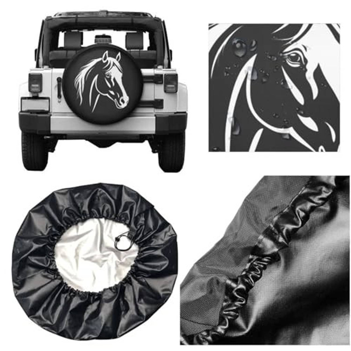 Round black spare tire cover with white horse logo shown on vehicle rear