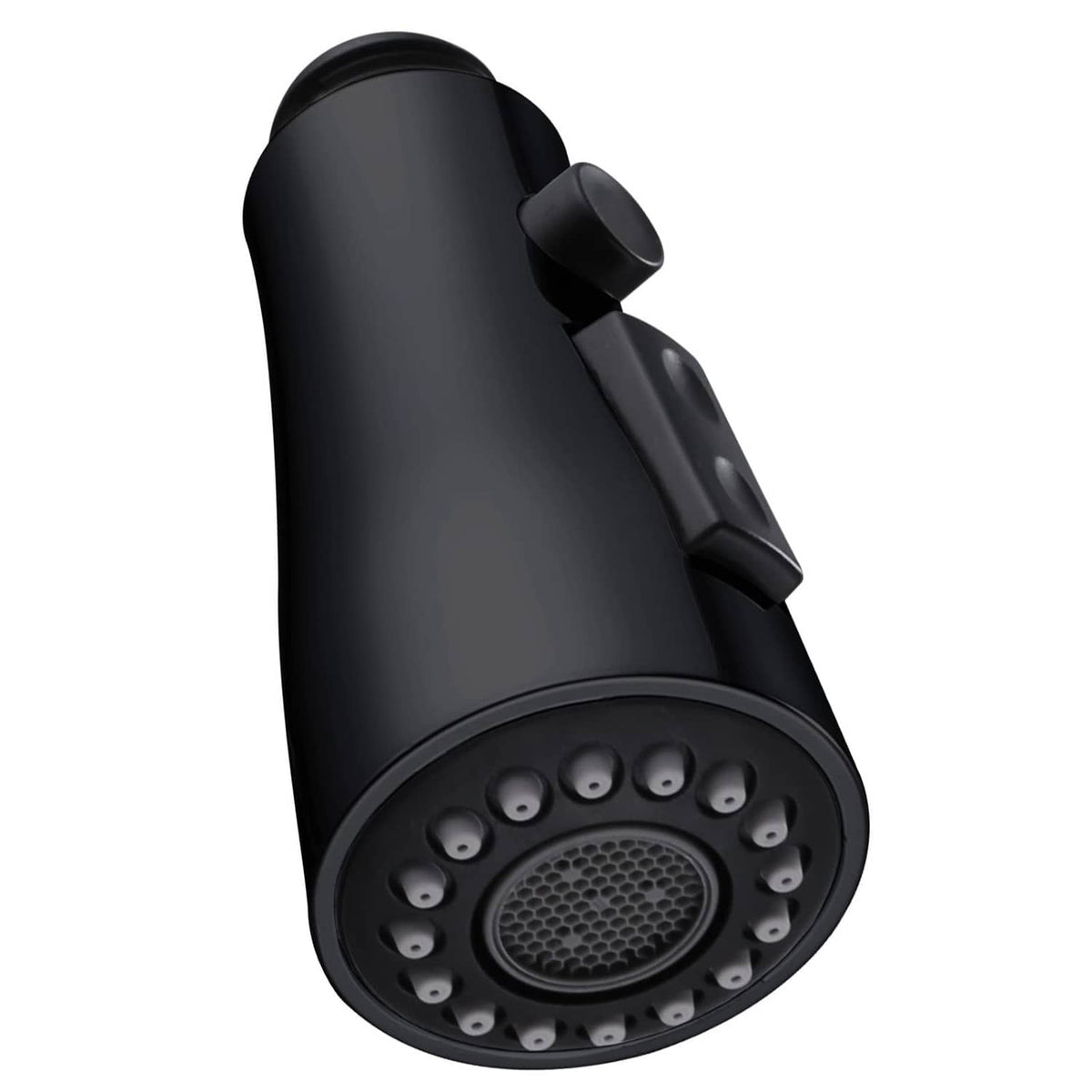 Matte black handheld faucet sprayer head with circular spray face and multiple nozzles