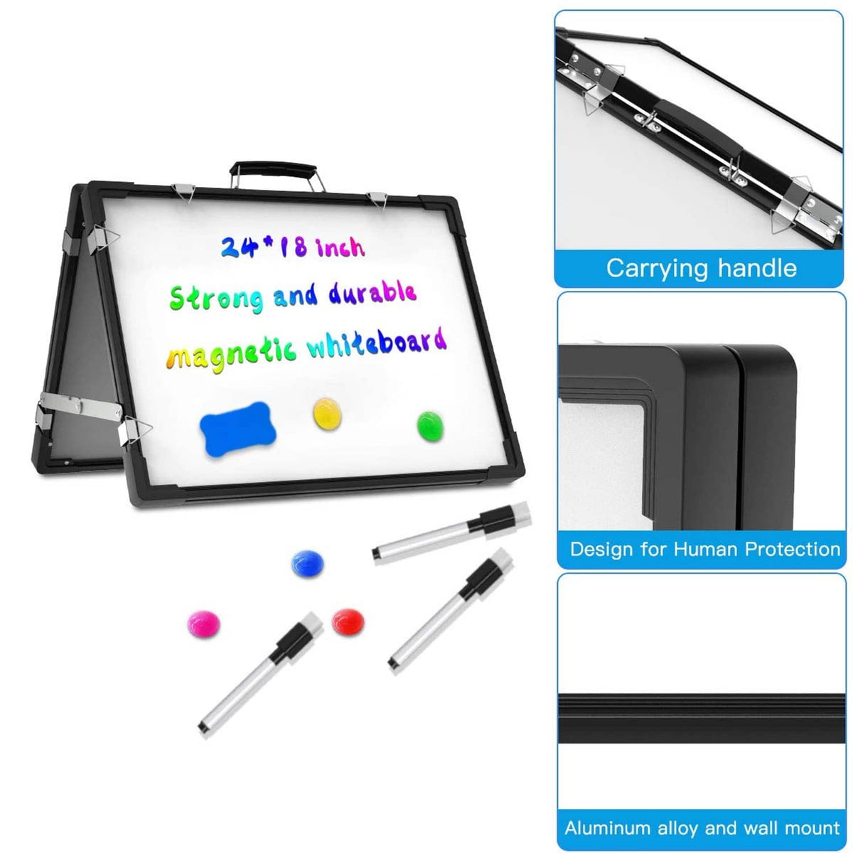 Foldable dry erase whiteboard with carrying handle, black frame and included markers