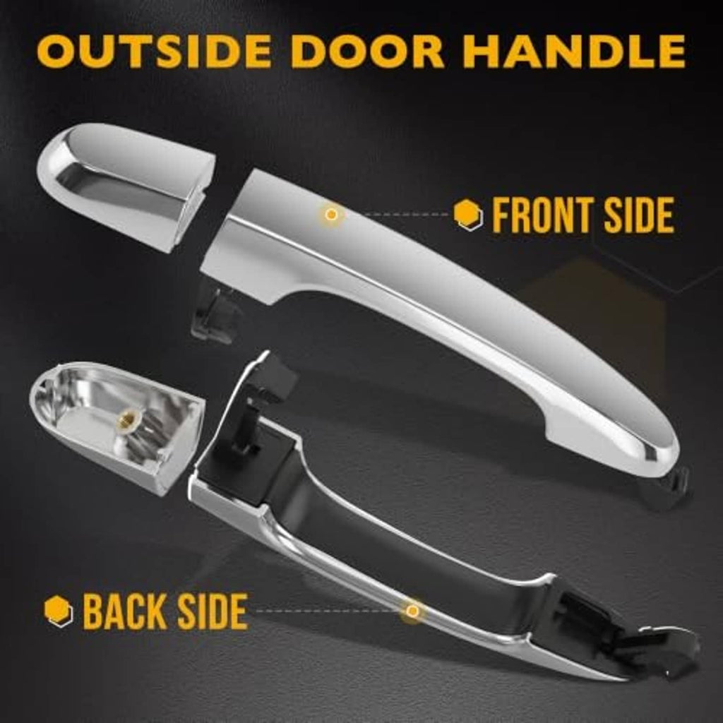 Outside chrome door handle with front and back sections and mounting housing included