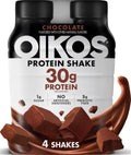 Oikos chocolate protein shake bottle, 30g protein, 1g sugar, 5g prebiotic fiber
