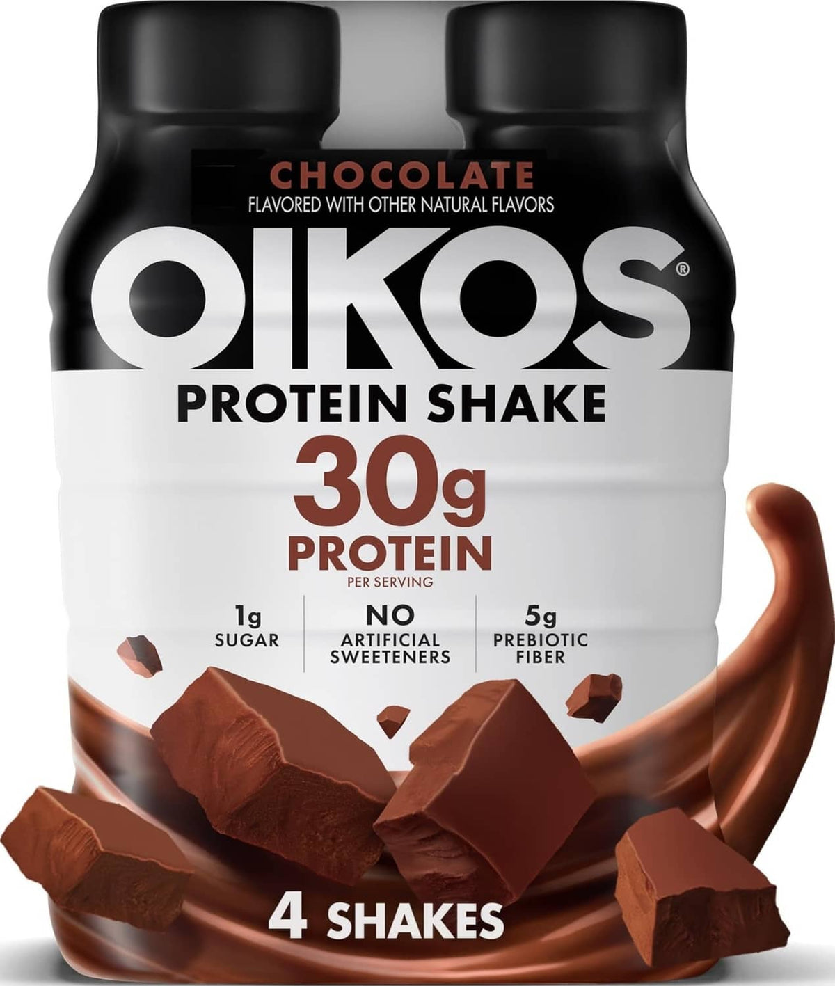 Oikos chocolate protein shake bottle, 30g protein, 1g sugar, 5g prebiotic fiber