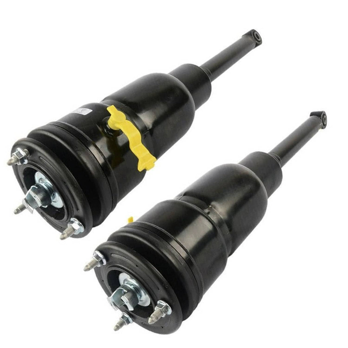 Two black air struts with coil-style rings, yellow brackets, and front mounting plates