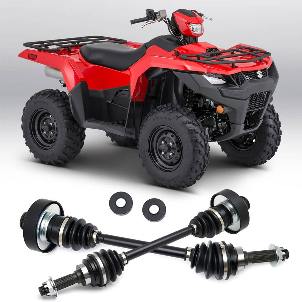 Rear CV axle shafts set with black boots, metal flanges, and matching washers