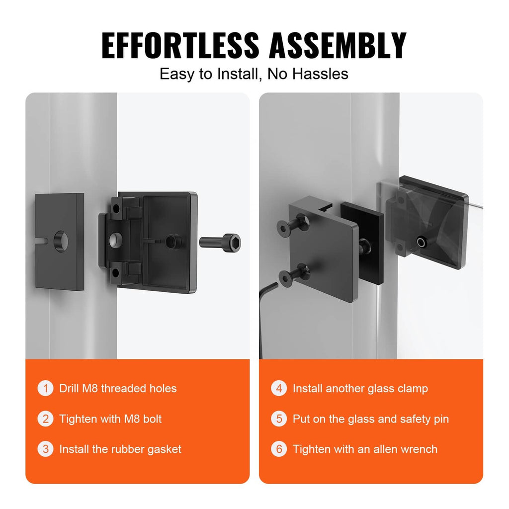 Black square glass clamp bracket with assembly hardware shown