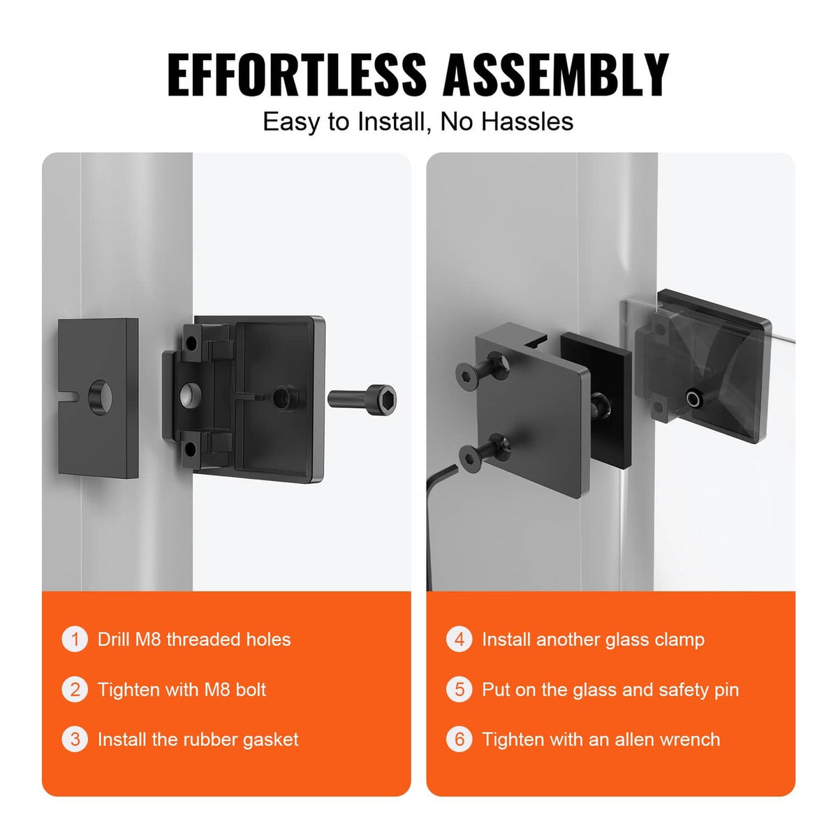 Black square glass clamp bracket with assembly hardware shown