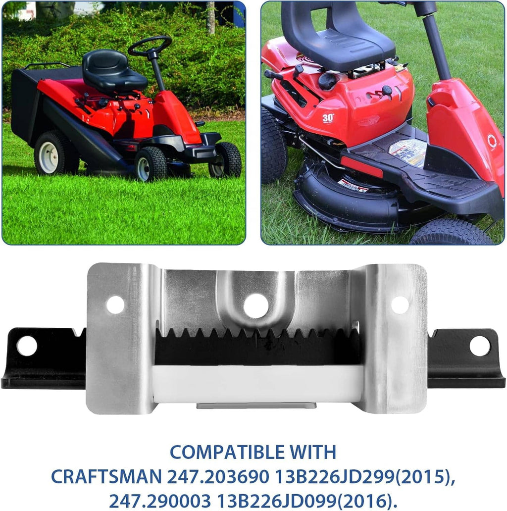 Steering service kit installed on a riding mower with close-up of bracket and rack