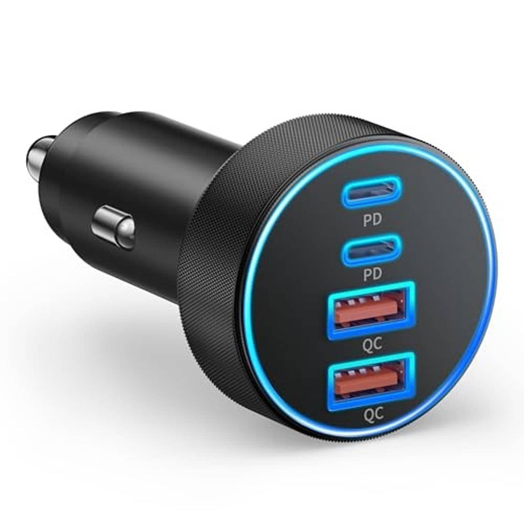 Black 4-port USB car charger with blue LED-lit port labels on the round face