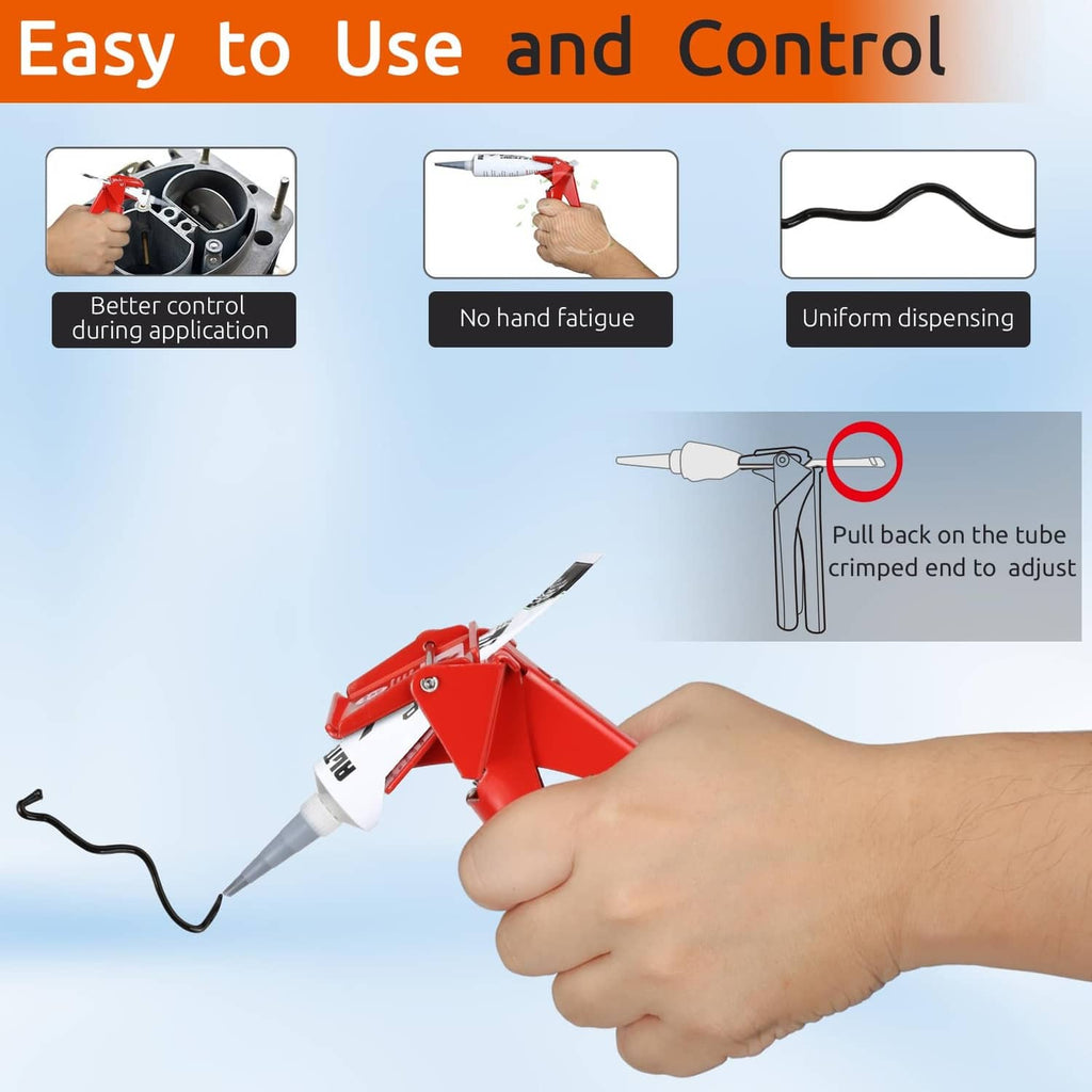 Red RTV tube extrusion tool dispensing sealant with hand-held tube